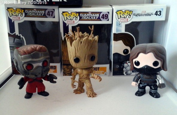 Funko POP! Star-Lord, Groot, and Winter Soldier bobbleheads.
