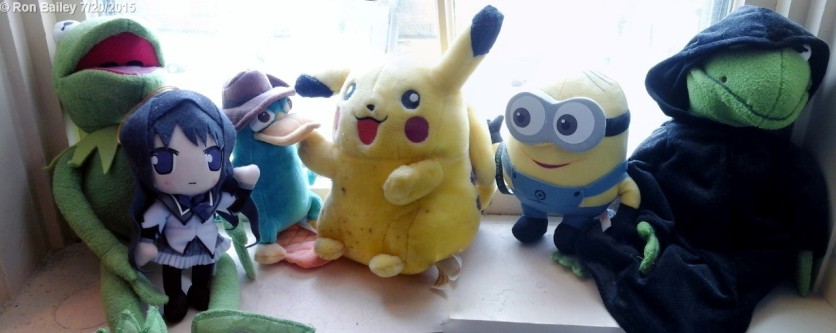 My plushie collection. From left to right: Kermit, Homura, Perry the Platypus (Agent P), Pikachu, a Minion I haven't named yet ^_^, and Constantine.